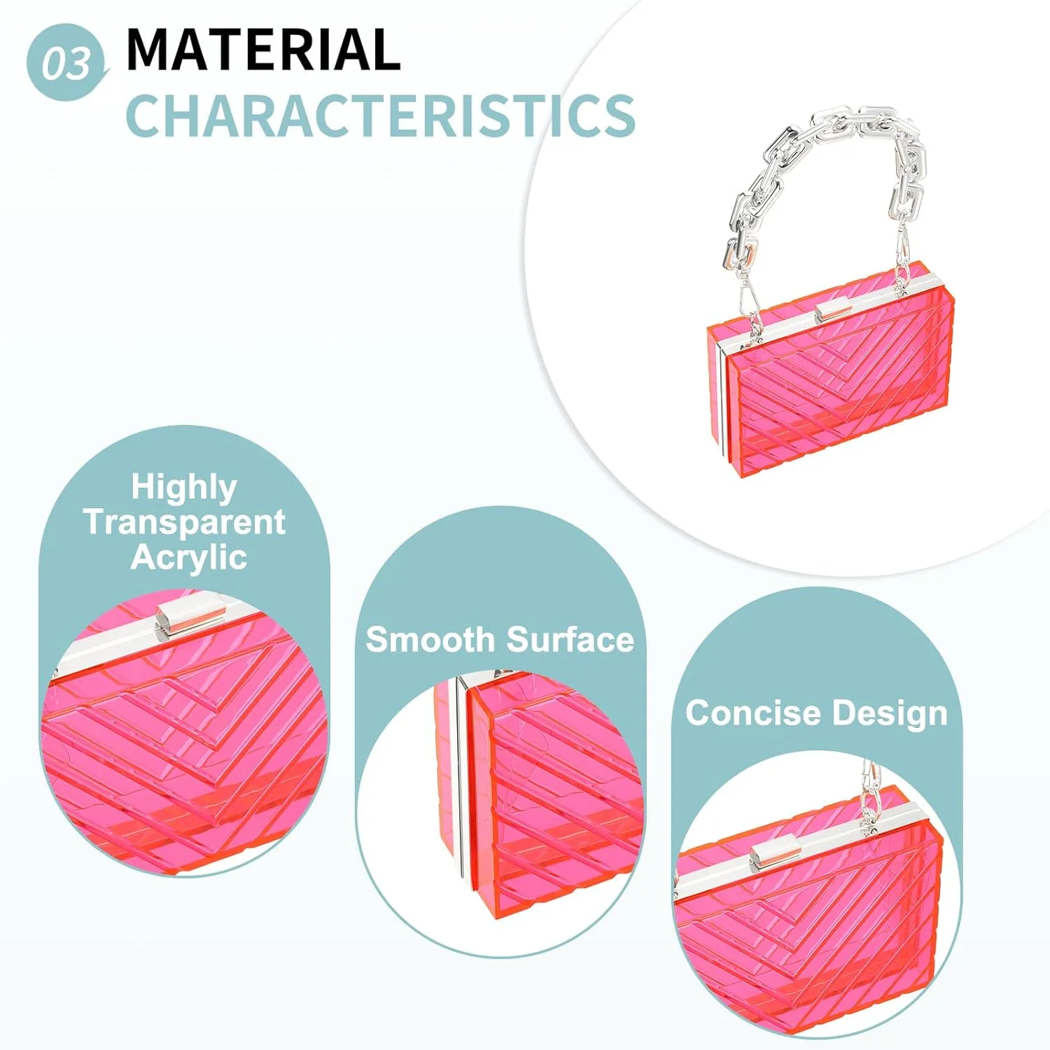 Acrylic Clear Evening Clutch Bag for Women, V-Design Handbags Neon Hard Frame with Chains Party Purse for Wedding Prom Party (Pink, Silver)