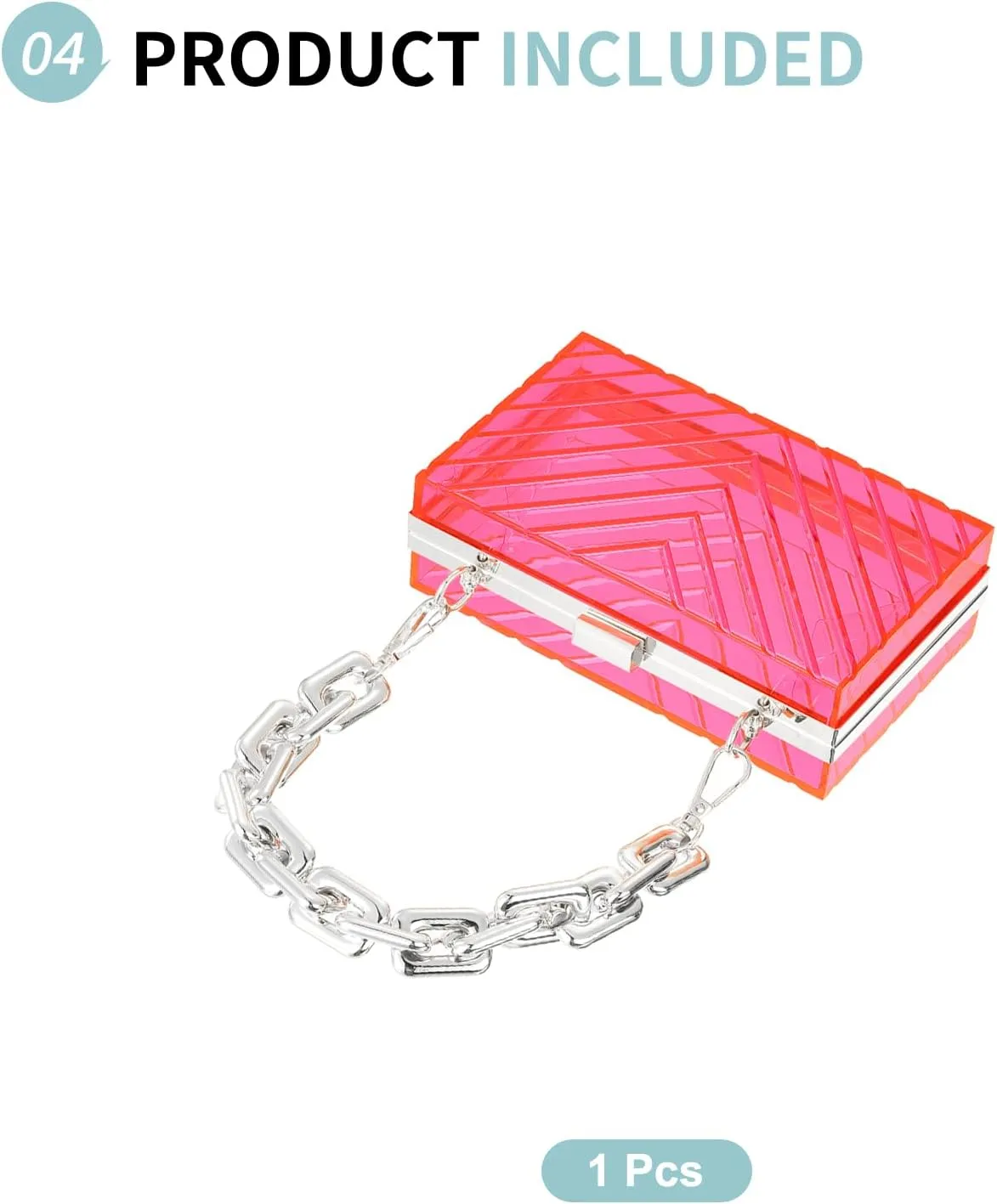 Acrylic Clear Evening Clutch Bag for Women, V-Design Handbags Neon Hard Frame with Chains Party Purse for Wedding Prom Party (Pink, Silver)