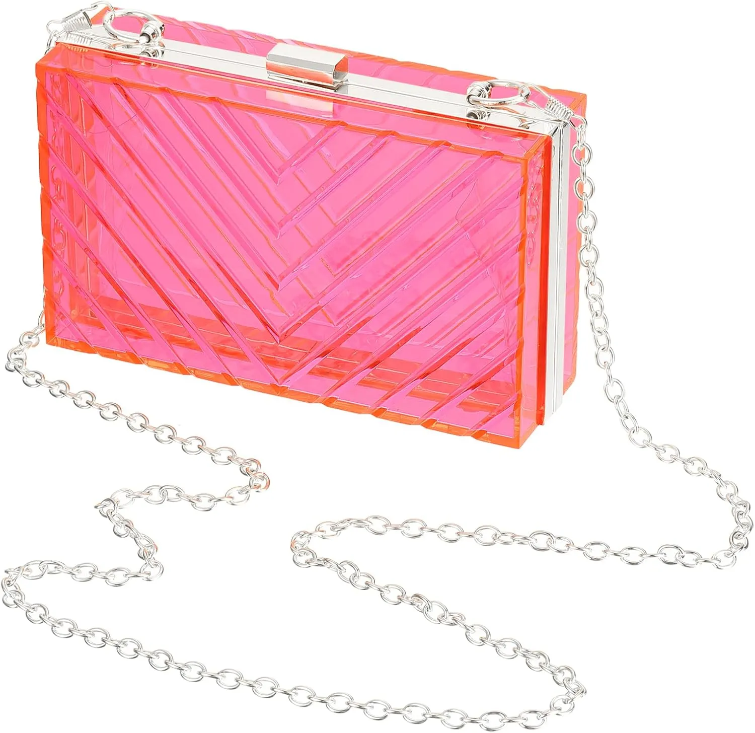 Acrylic Clear Evening Clutch Bag for Women, V-Design Handbags Neon Hard Frame with Chains Party Purse for Wedding Prom Party (Pink, Silver)