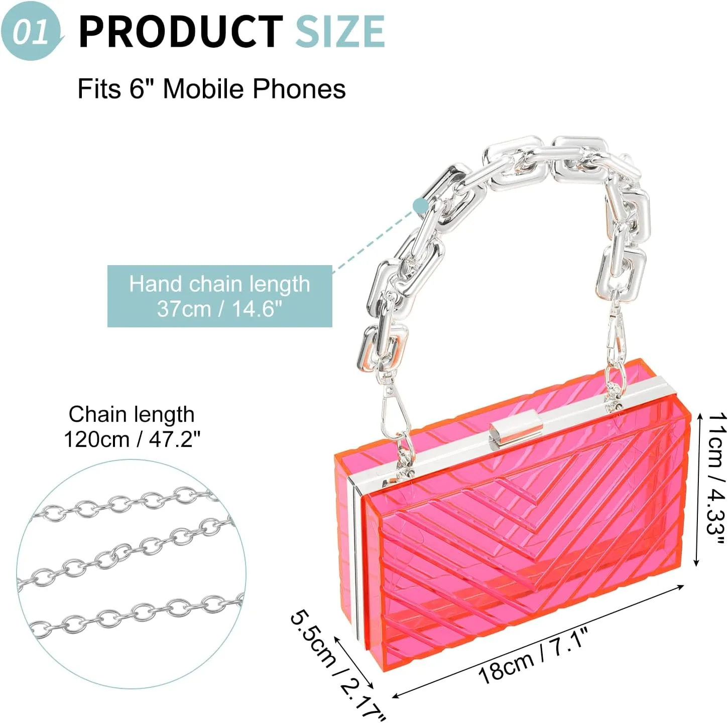 Acrylic Clear Evening Clutch Bag for Women, V-Design Handbags Neon Hard Frame with Chains Party Purse for Wedding Prom Party (Pink, Silver)