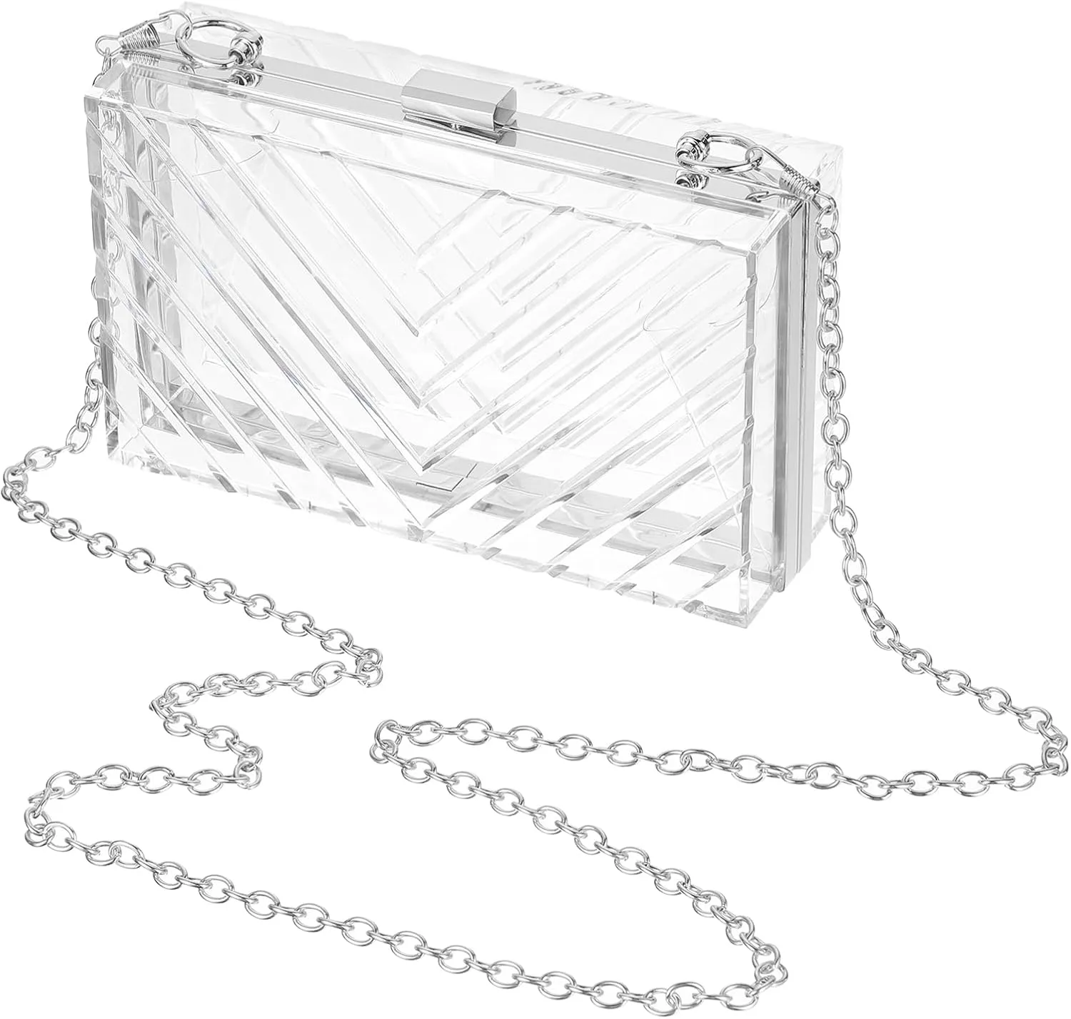 Acrylic Clear Evening Clutch Bag for Women, V-Design Handbags Neon Hard Frame with Chains Party Purse for Wedding Prom Party (Transparent, Silver)
