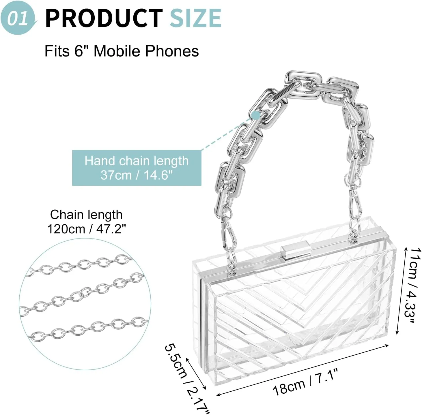 Acrylic Clear Evening Clutch Bag for Women, V-Design Handbags Neon Hard Frame with Chains Party Purse for Wedding Prom Party (Transparent, Silver)