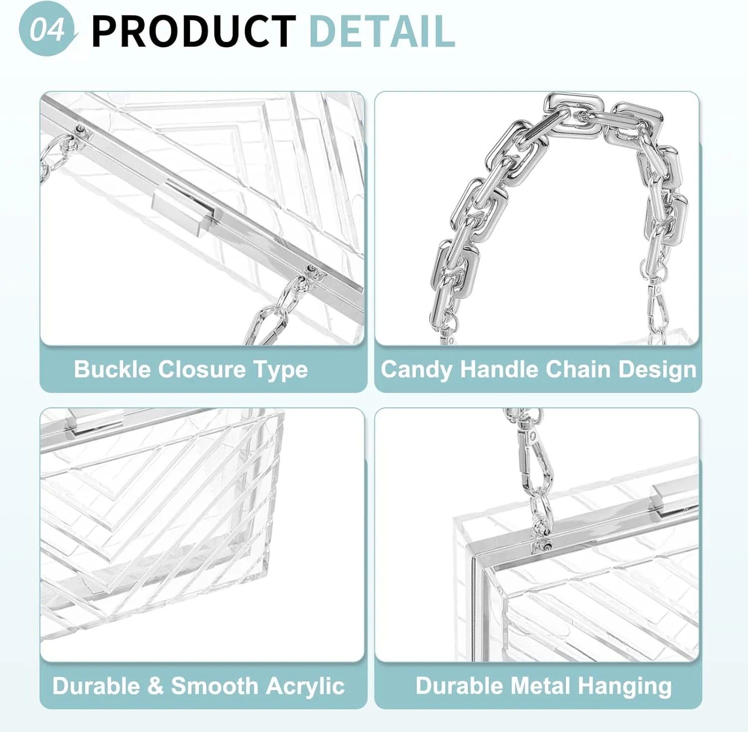 Acrylic Clear Evening Clutch Bag for Women, V-Design Handbags Neon Hard Frame with Chains Party Purse for Wedding Prom Party (Transparent, Silver)