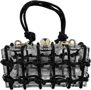 Acrylic Clutch for Women Clear Purse with Rhinestone, Sparkly Evening Bag Party Prom Wedding Cocktail, Black