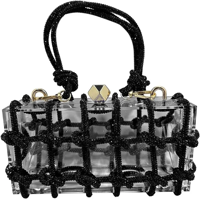 Acrylic Clutch for Women Clear Purse with Rhinestone, Sparkly Evening Bag Party Prom Wedding Cocktail, Black