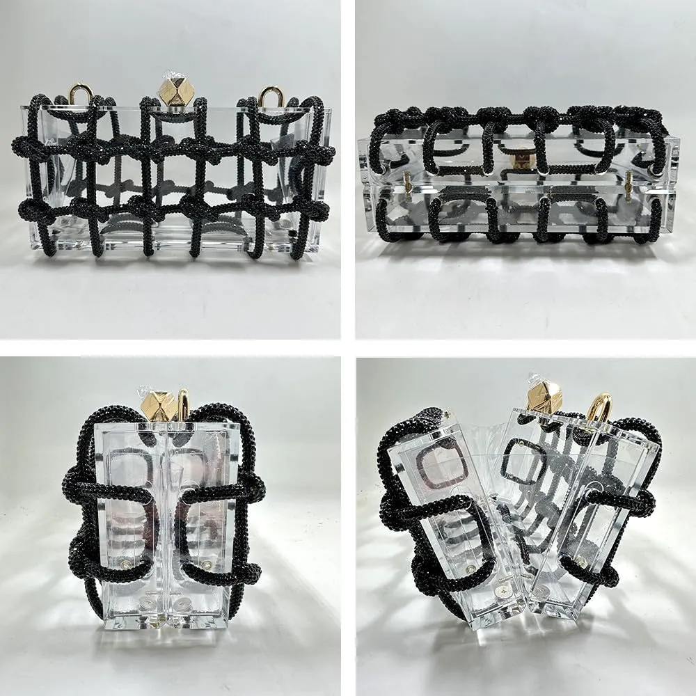Acrylic Clutch for Women Clear Purse with Rhinestone, Sparkly Evening Bag Party Prom Wedding Cocktail, Black