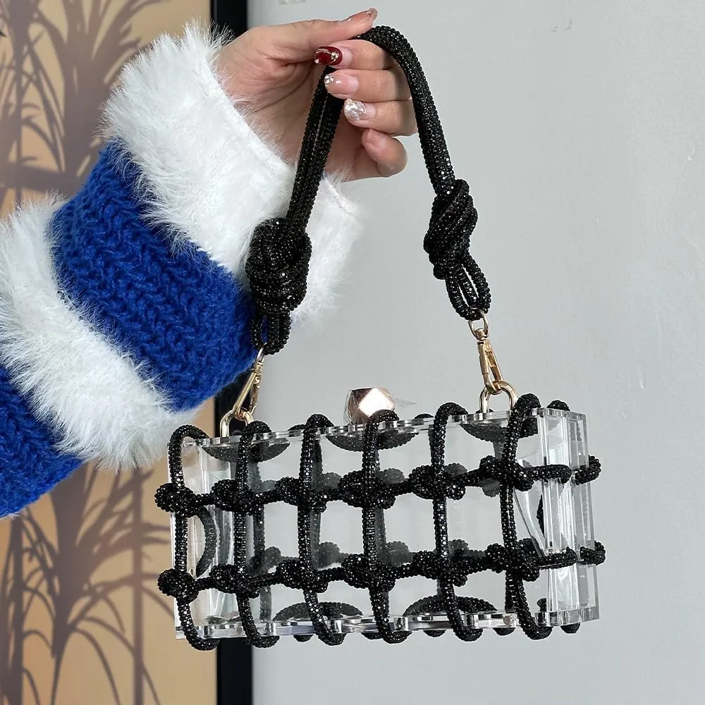 Acrylic Clutch for Women Clear Purse with Rhinestone, Sparkly Evening Bag Party Prom Wedding Cocktail, Black