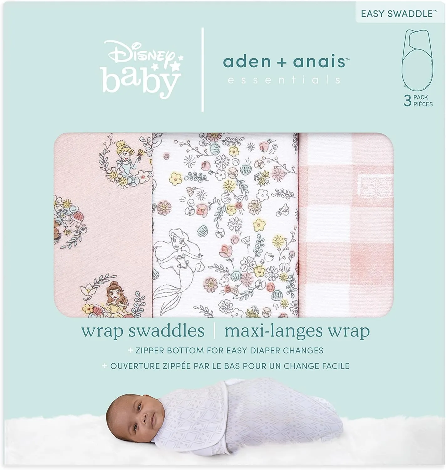 aden   anais Essentials Easy Swaddle Wrap Quick Change with Bottom Zipper, Snug Cotton Knit Baby Wrap Swaddle Blanket for Newborns, TOG 1.0, 3-Pack, Disney Princess, 0-3 Months, Small/Medium