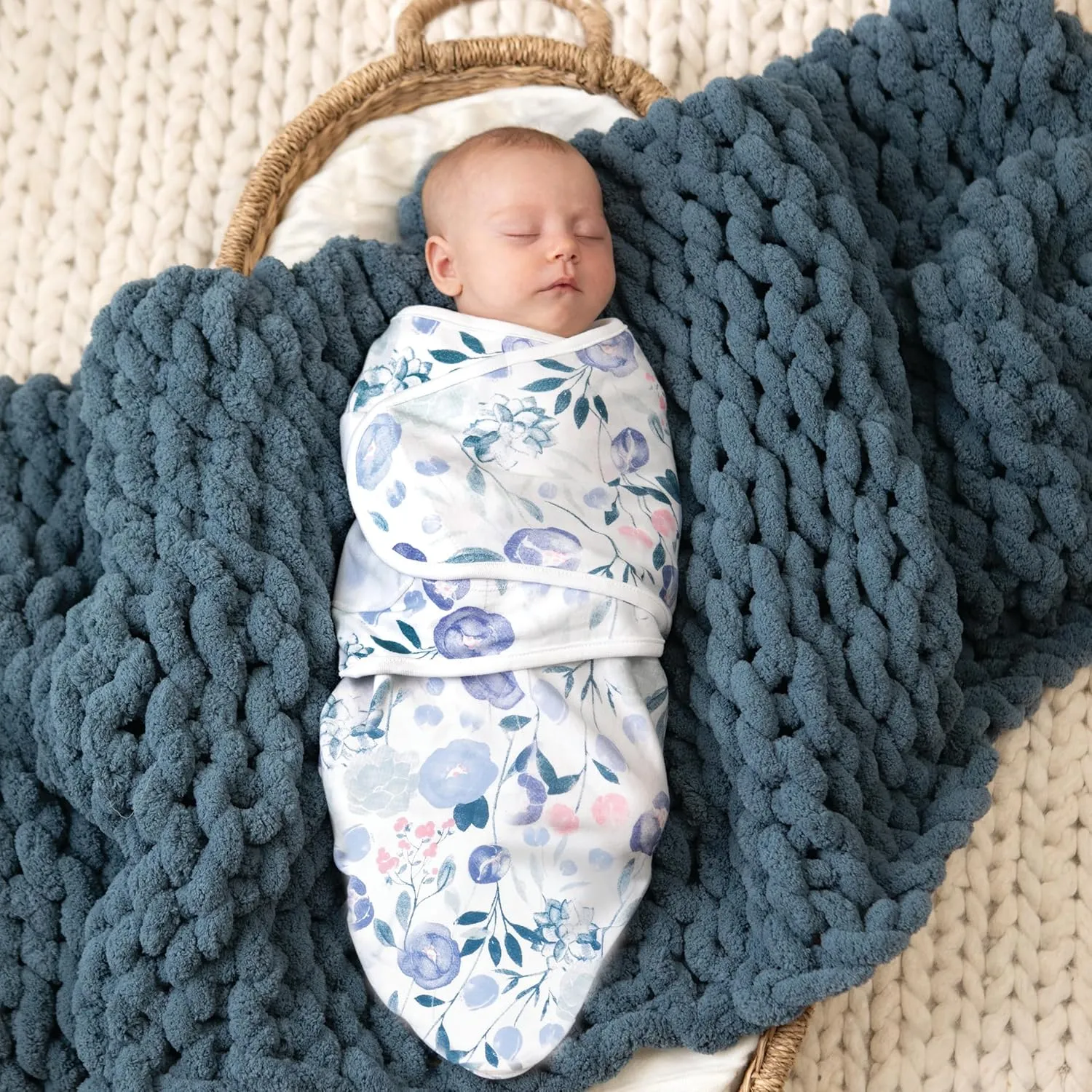 aden   anais Essentials Easy Swaddle Wrap Quick Change with Bottom Zipper, Snug Cotton Knit Baby Wrap Swaddle Blanket for Newborns, TOG 1.0, 3-Pack, Flowers Bloom, 0-3 Months, Small/Medium