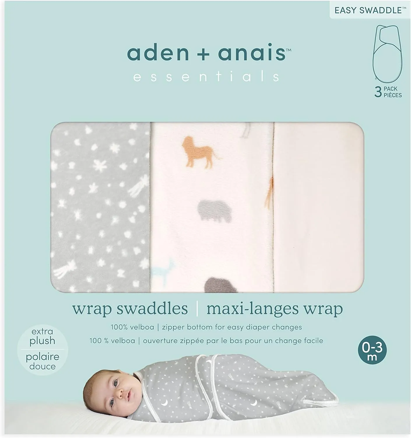 aden   anais Essentials Velboa Wrap Swaddle 3 Pack, Zipper Bottom for Quick Diaper Change, Newborn Cozy Swaddle Blanket for Safer Sleep, Adjustable, Hip Healthy, TOG 1.5, Grey Wild Prairie, 0-3 Months