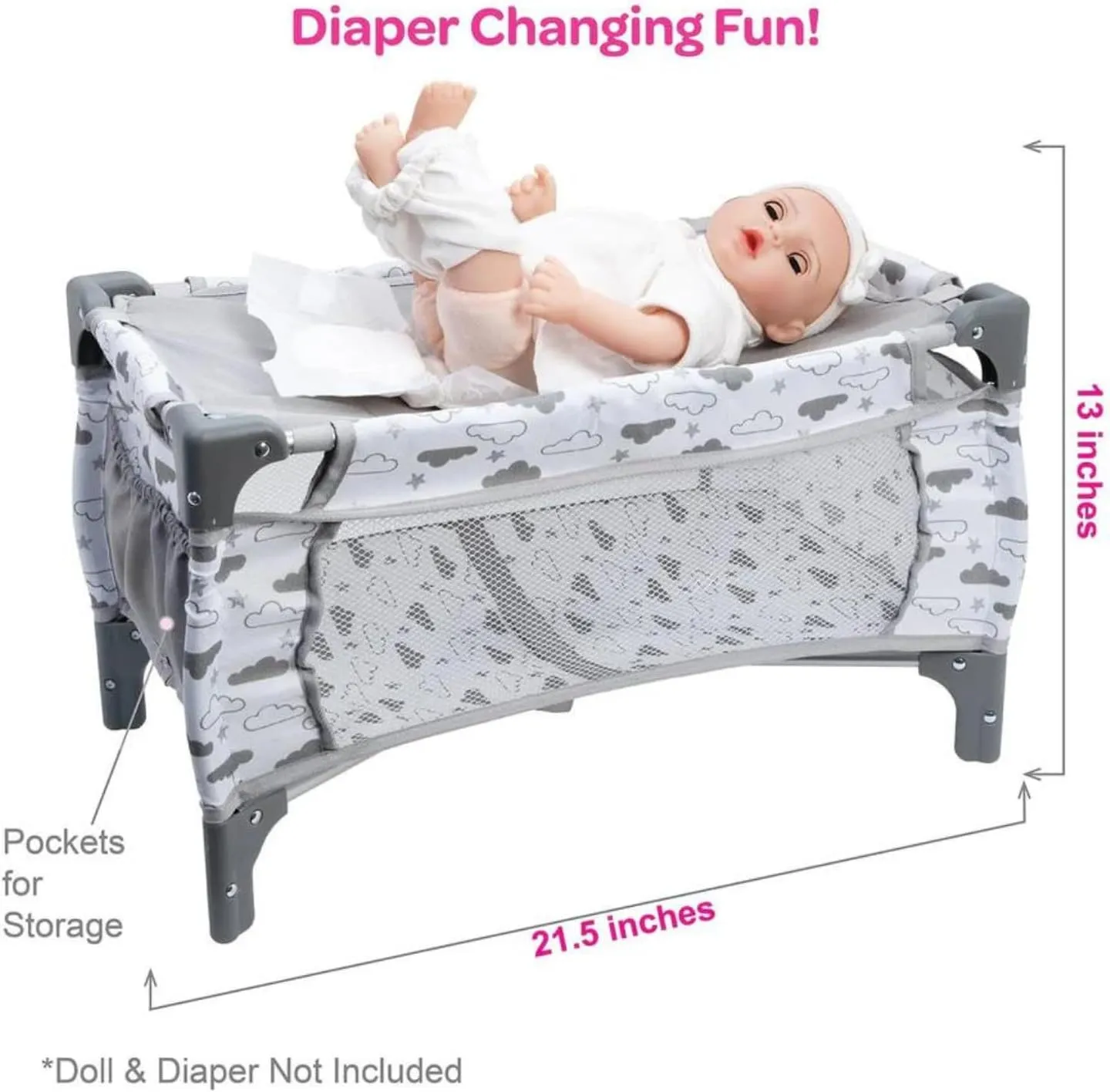 ADORA Baby Doll Crib, Bed, and Playpen, Twinkle Stars Deluxe Pack N Play 7-Piece Set with Changing Table, Clouds, and Storage Bag - Gift for Kids Ages 3 and Up