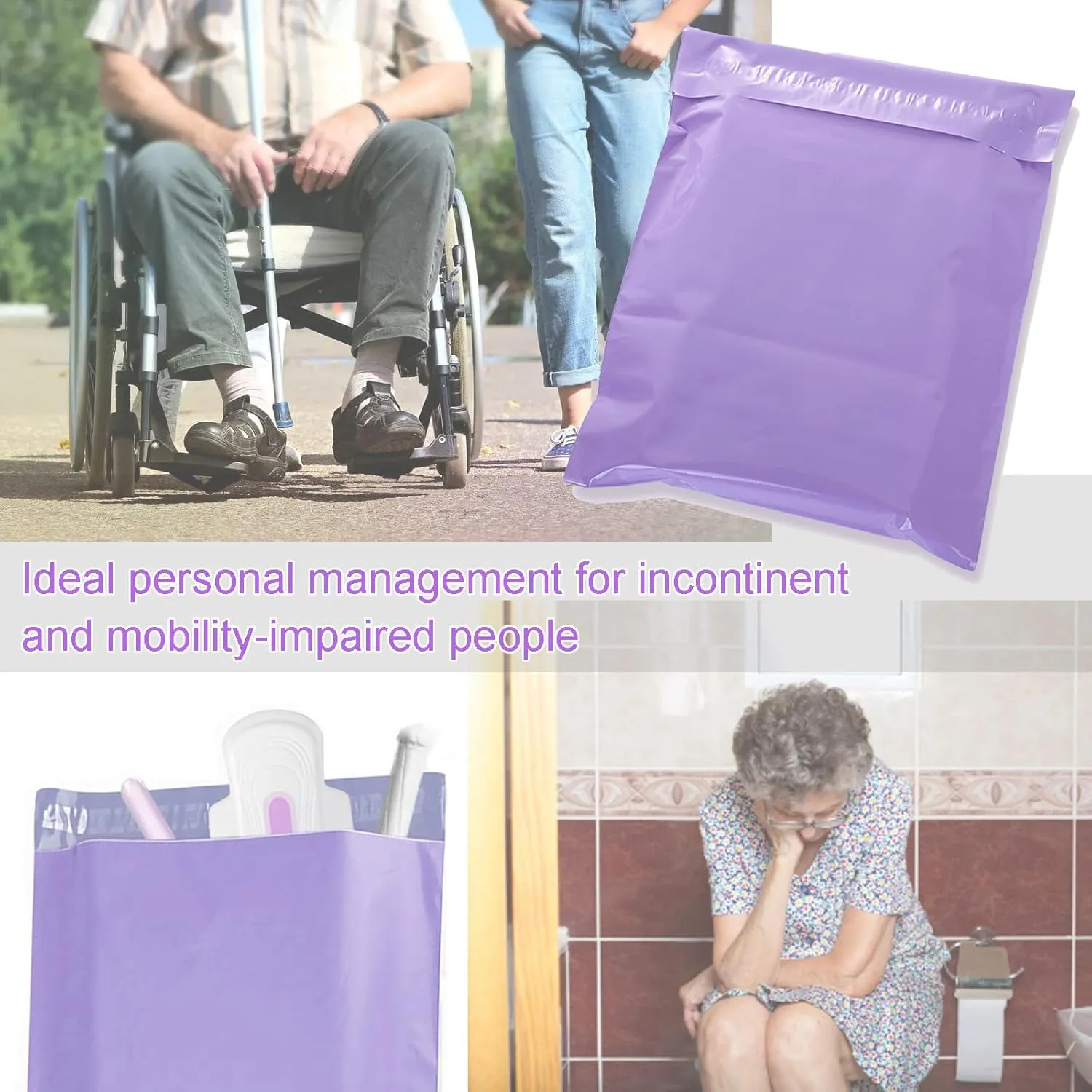 Adult Diaper Disposal,100 Pack Plastic Bags for Adult Diaper Disposal,Self-Adhesive Strips to Seal in Odours,Waterproof and Leak-Proof,Suitable for Elderly Nappy Care at Home and for Travel (Purple)