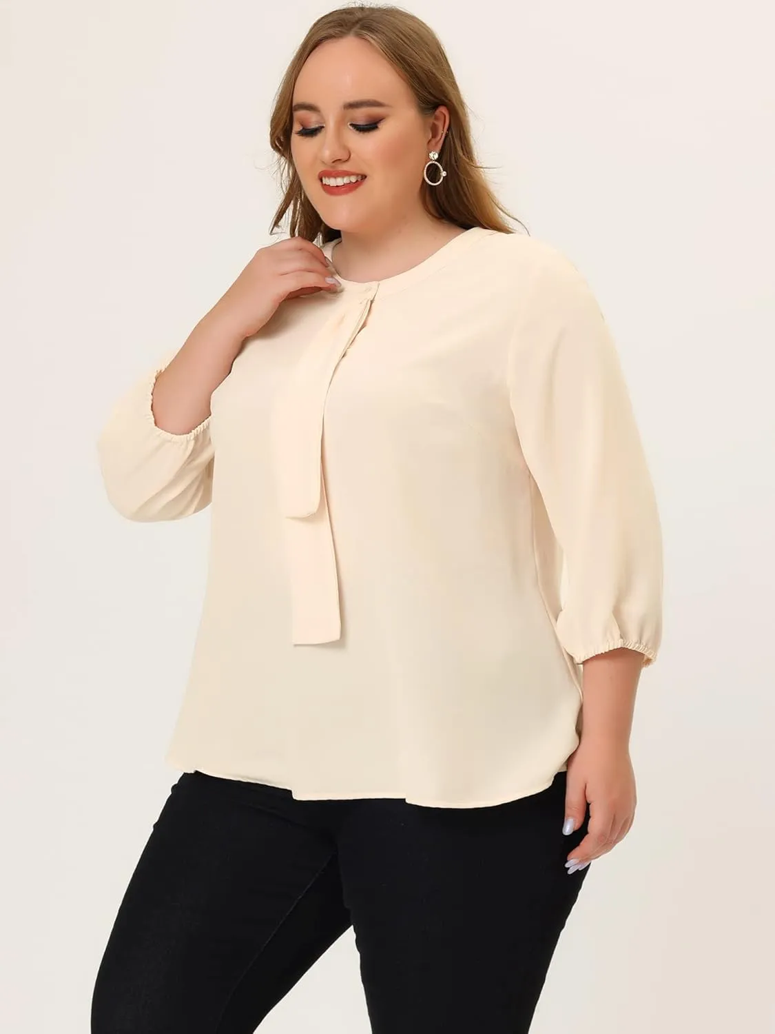 Agnes Orinda Women's Plus Size Tops Work Round Neck Ruffle Chiffon Blouse Office Top