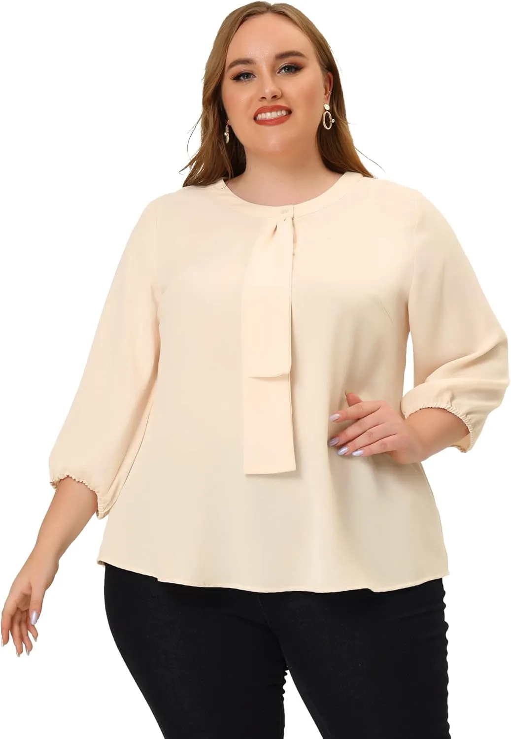 Agnes Orinda Women's Plus Size Tops Work Round Neck Ruffle Chiffon Blouse Office Top