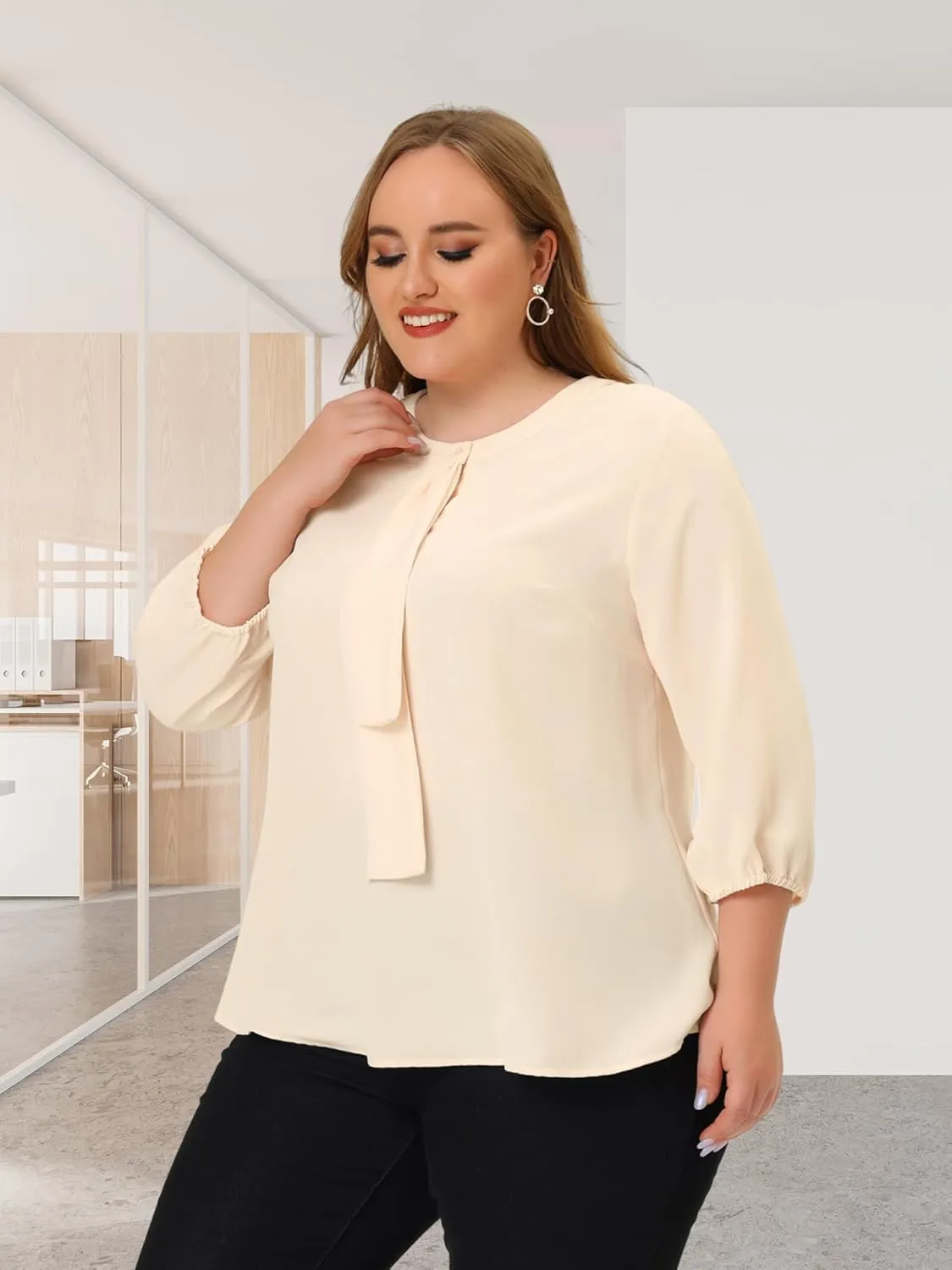 Agnes Orinda Women's Plus Size Tops Work Round Neck Ruffle Chiffon Blouse Office Top