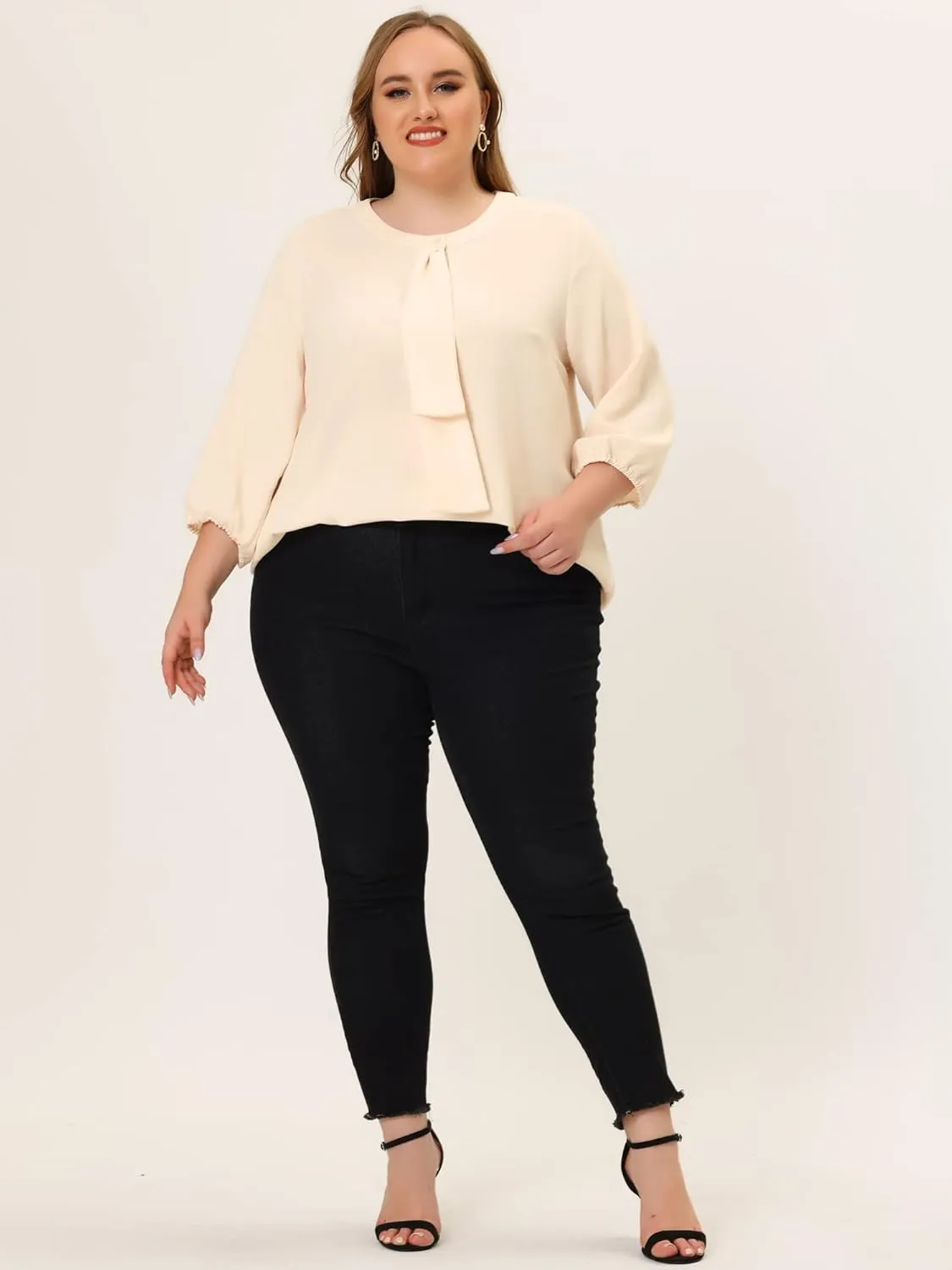 Agnes Orinda Women's Plus Size Tops Work Round Neck Ruffle Chiffon Blouse Office Top