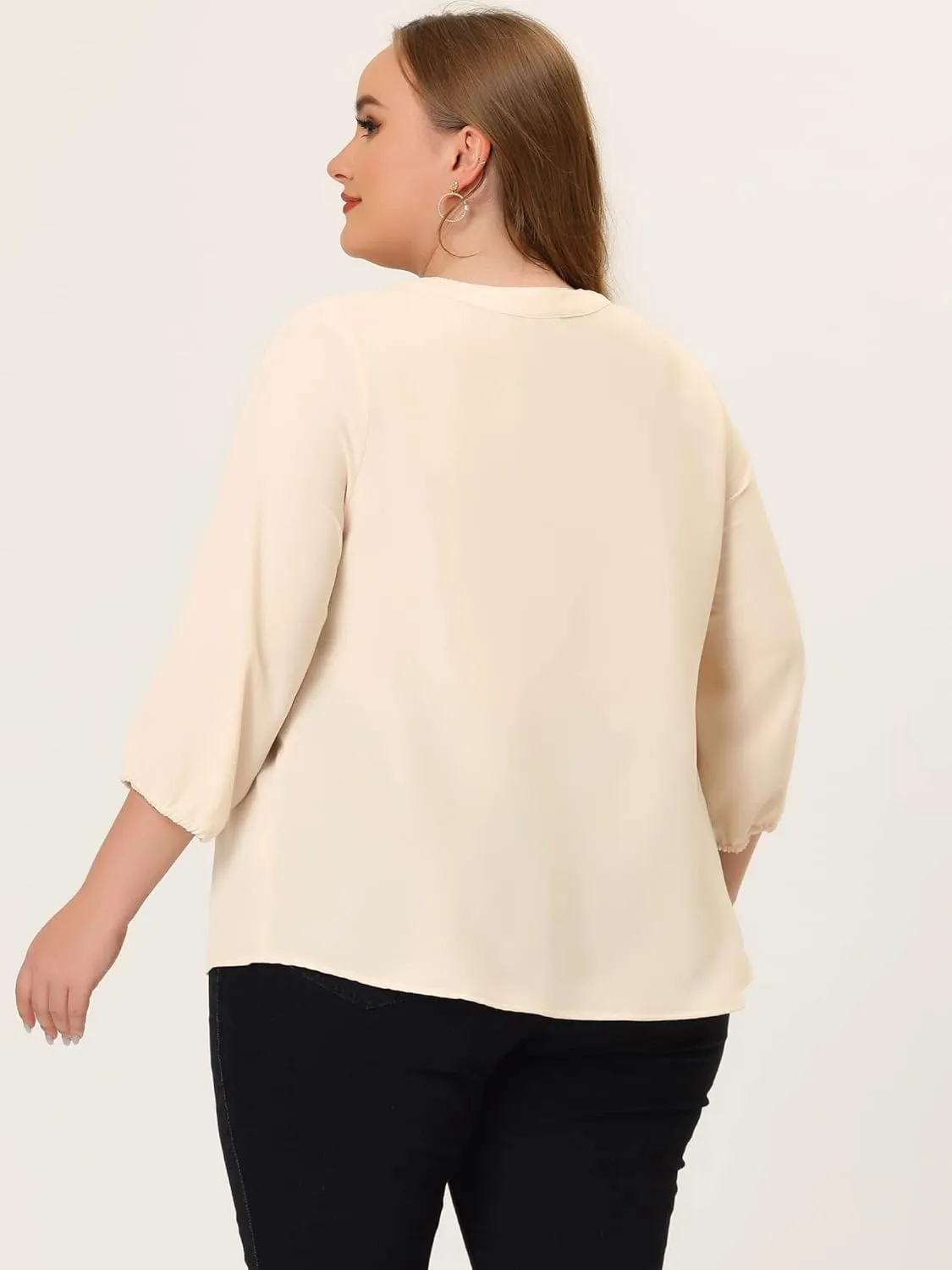 Agnes Orinda Women's Plus Size Tops Work Round Neck Ruffle Chiffon Blouse Office Top