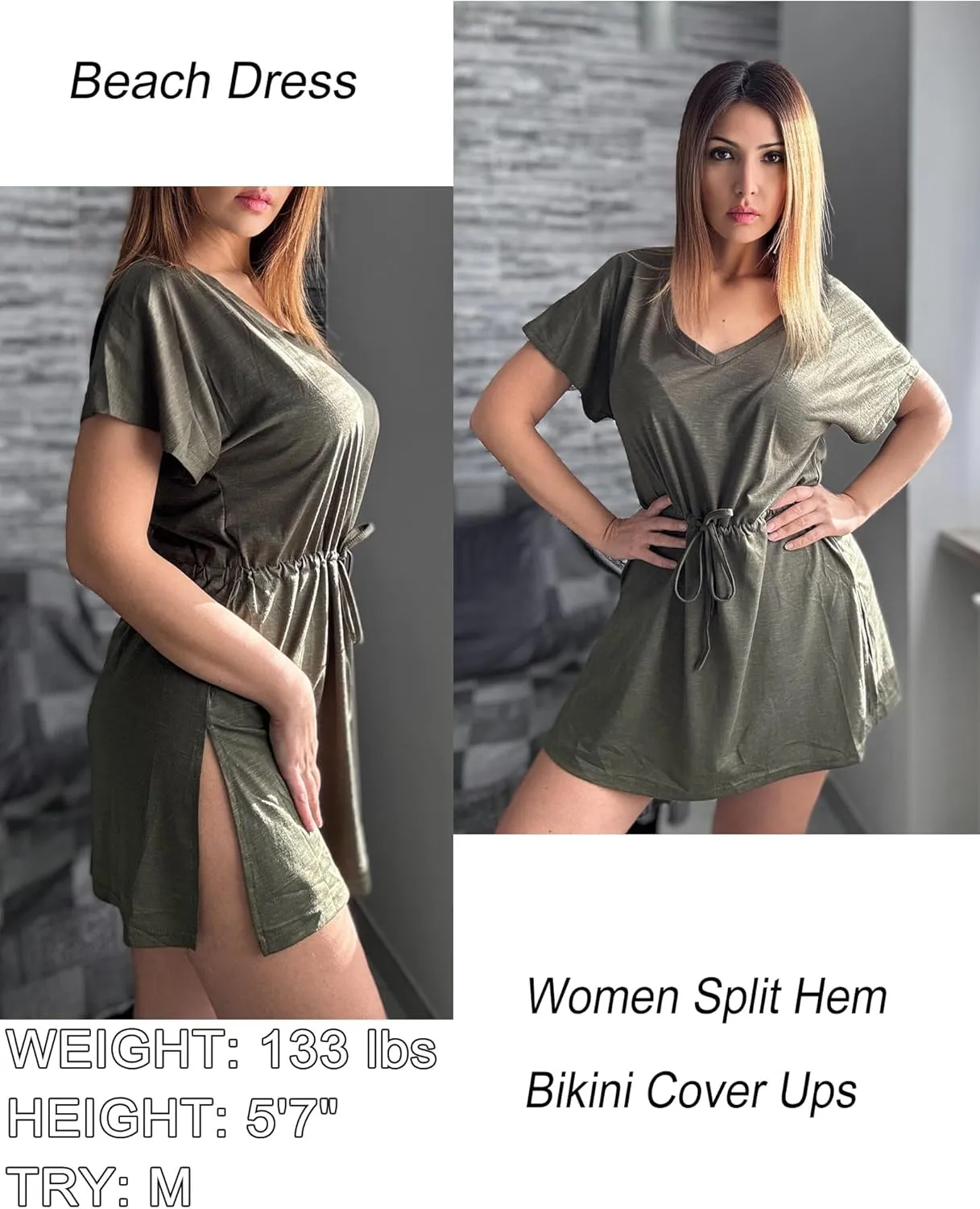 AI'MAGE Women's Swimsuit Cover Up Split Hem Beach Bathing Suit Coverups Dress V-Neck Swimwear with Drawstring