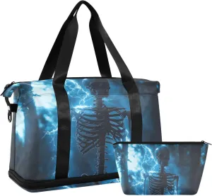 AIXIWAWA Blue Shining Skull Duffel Bags Set with Shoes Compartment Trolley Sleeve Removeable Strap for Workout Travel Gym