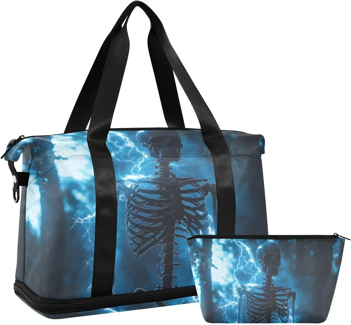 AIXIWAWA Blue Shining Skull Duffel Bags Set with Shoes Compartment Trolley Sleeve Removeable Strap for Workout Travel Gym