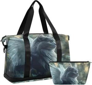 AIXIWAWA Duffel Bag Cat with Wing Print for Travel Gym with Shoes Compartment Large Capacity with Toiletry Bag