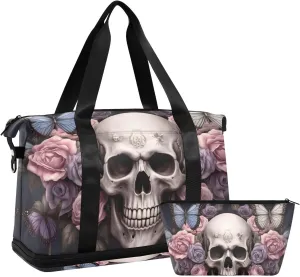 AIXIWAWA Floral Skull Duffel Bag Set with Shoes Compartment Trolley Sleeve Removeable Strap for Workout Travel Gym
