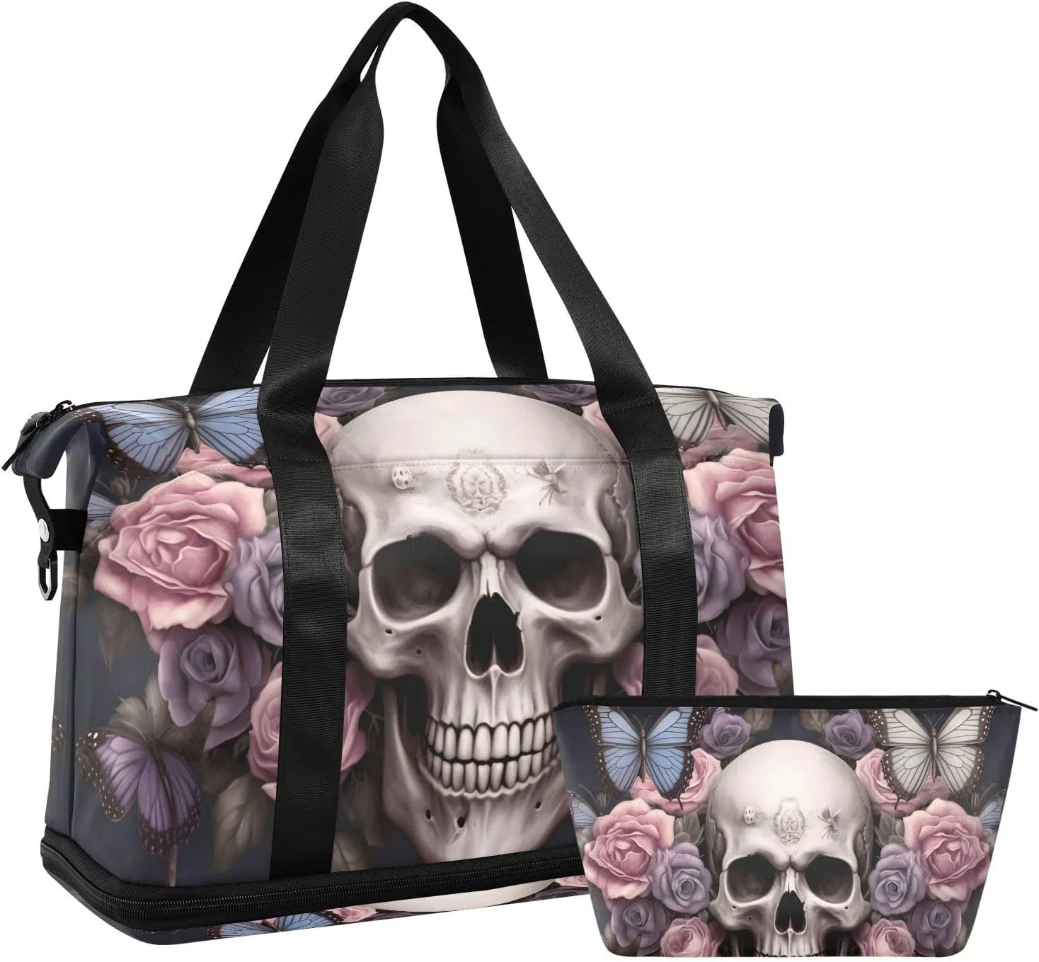 AIXIWAWA Floral Skull Duffel Bag Set with Shoes Compartment Trolley Sleeve Removeable Strap for Workout Travel Gym