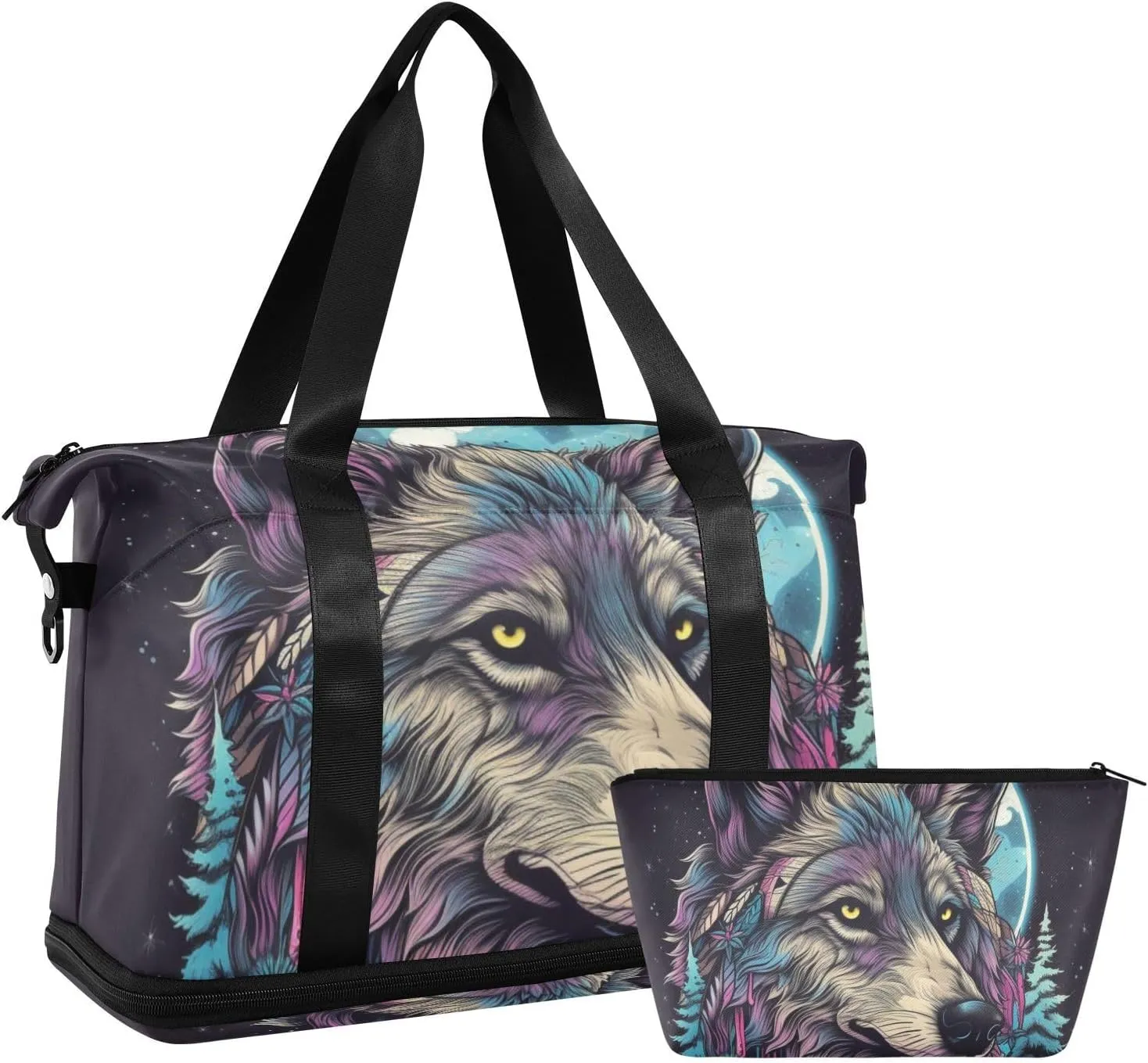 AIXIWAWA Painting Wolf Moon Duffel Bag Set with Shoes Compartment Trolley Sleeve Removeable Strap for Workout Travel Gym