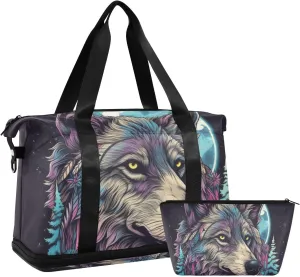 AIXIWAWA Painting Wolf Moon Duffel Bag Set with Shoes Compartment Trolley Sleeve Removeable Strap for Workout Travel Gym