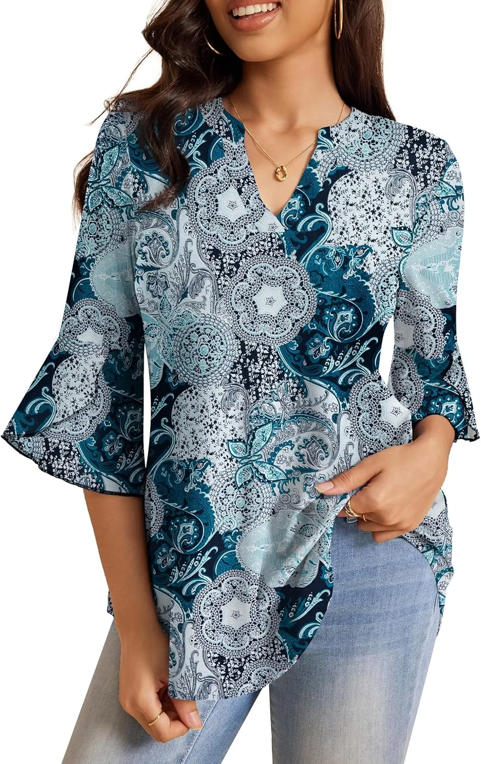 a.Jesdani Women's Work Blouses Ruffle 3/4 Sleeve Dressy Top V Neck Casual Chiffon Tunic Blouses Business Shirts