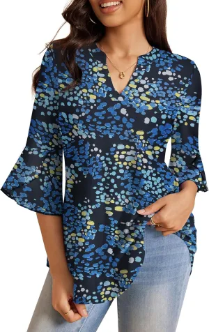 a.Jesdani Women's Work Blouses Ruffle 3/4 Sleeve Dressy Top V Neck Casual Chiffon Tunic Blouses Business Shirts