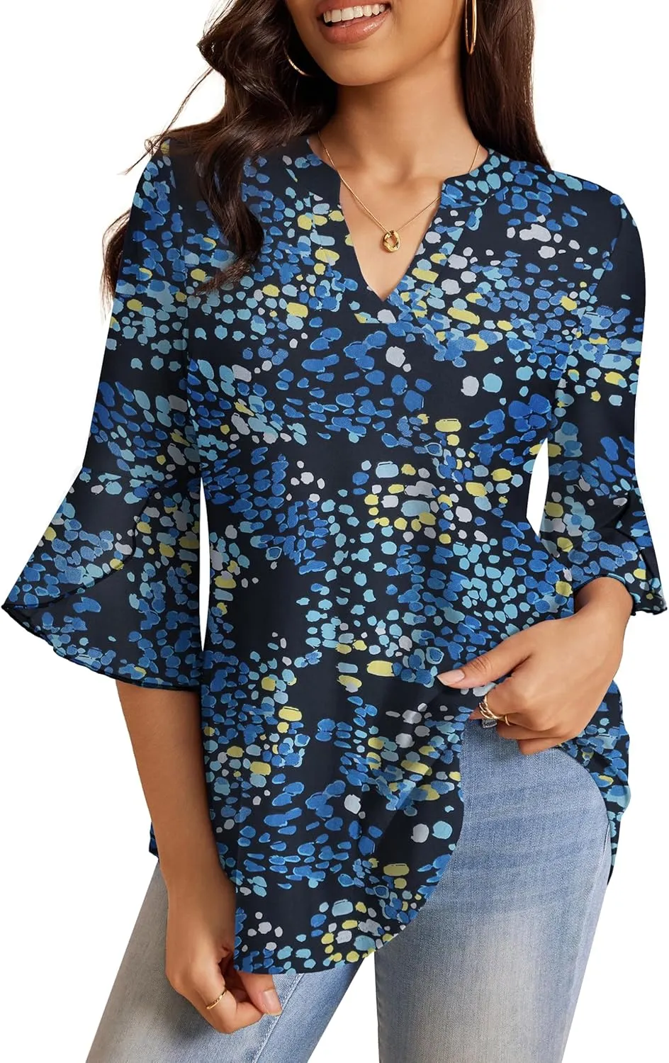 a.Jesdani Women's Work Blouses Ruffle 3/4 Sleeve Dressy Top V Neck Casual Chiffon Tunic Blouses Business Shirts