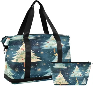 ALAZA Blue Pine Tree Snowflake Merry Christmas Duffel Bag with Shoe Compartment Tote Bag Weekender Overnight Bag with Wet Pocket for Travel,Gym,Yoga,Swimming