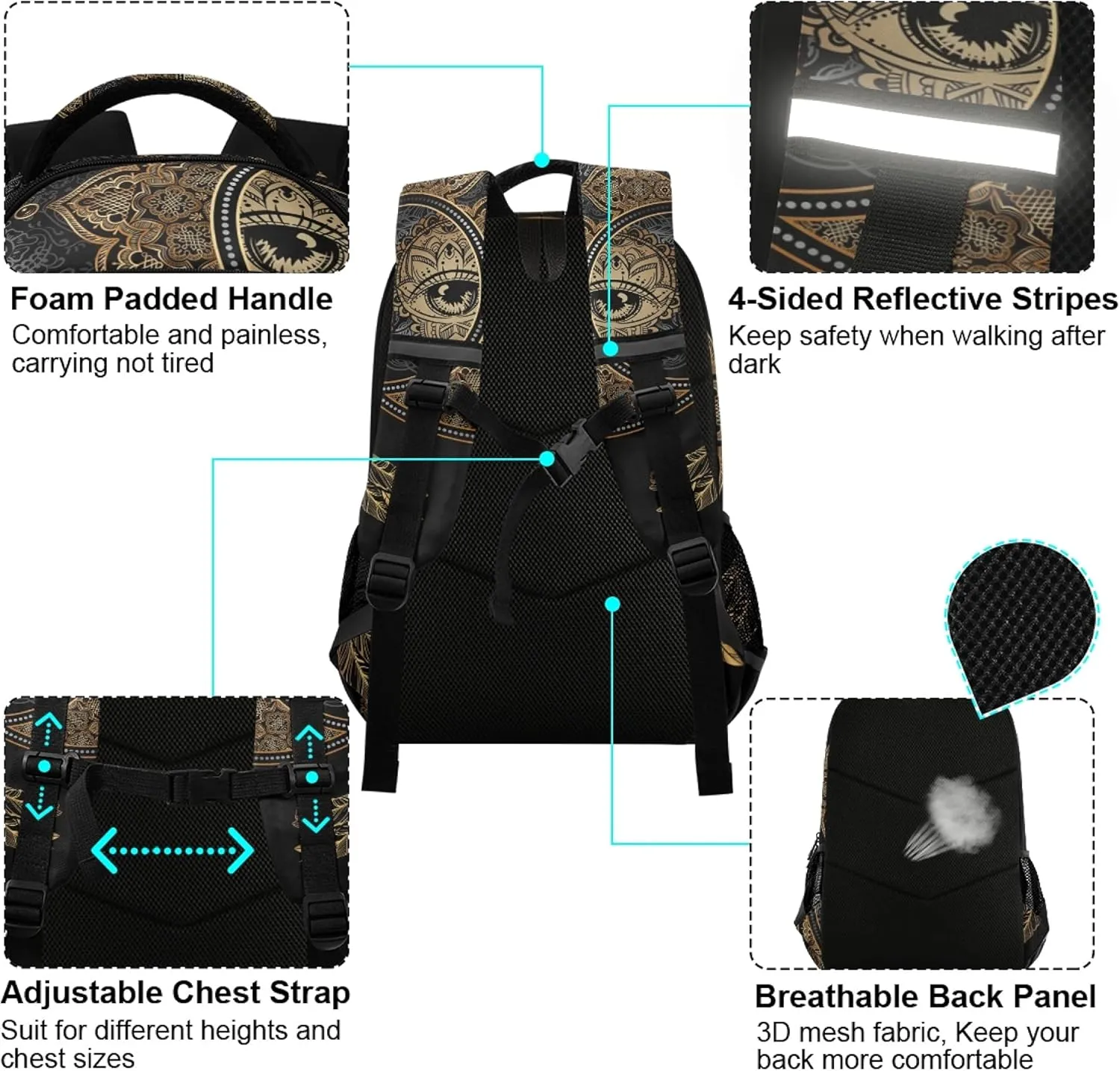 ALAZA Boho Chic Golden Crescent Moon & Sun Mandala Backpack Purse for Women Men Personalized Laptop Notebook Tablet School Bag Stylish Casual Daypack, 13 14 15.6 inch
