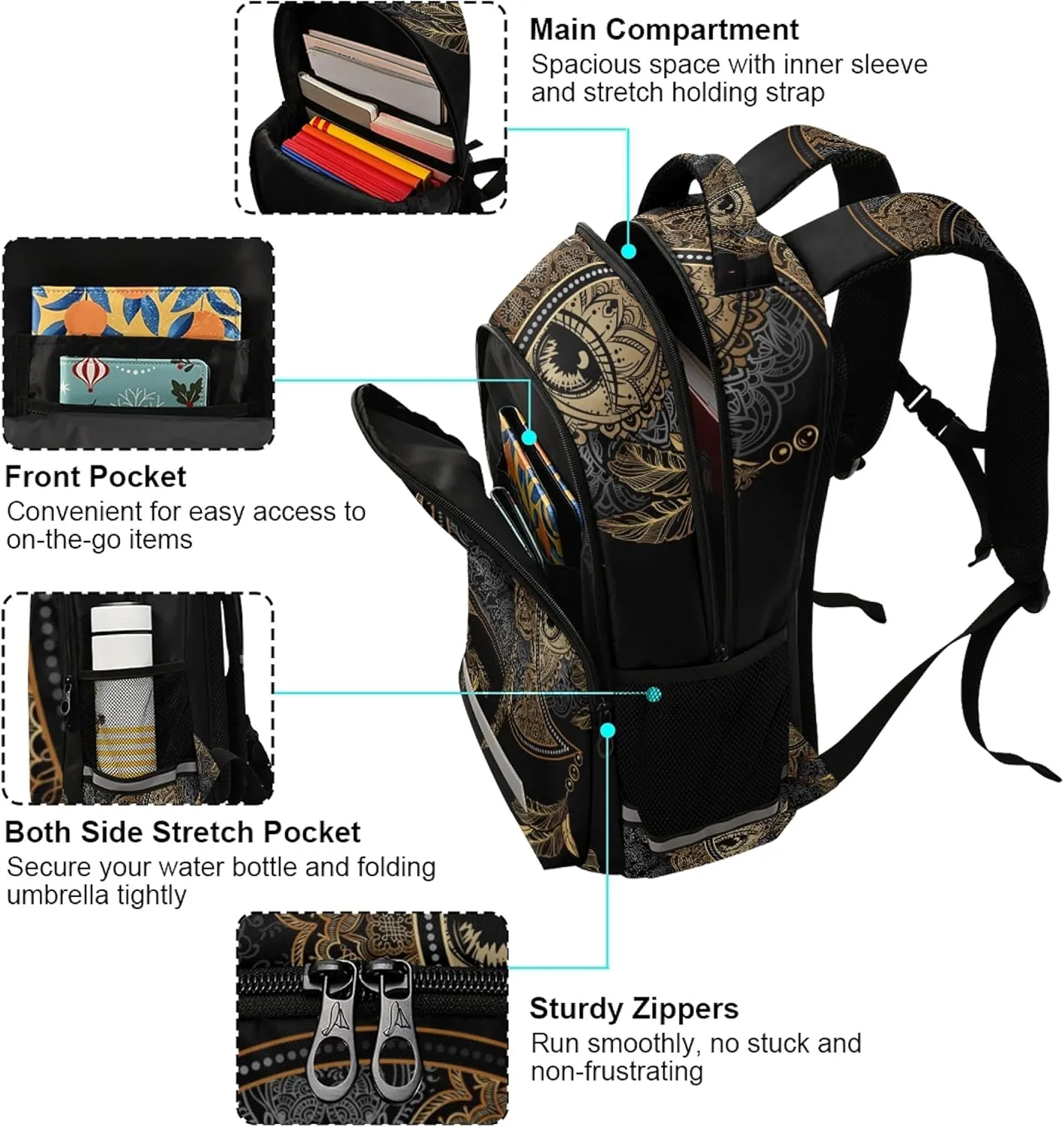 ALAZA Boho Chic Golden Crescent Moon & Sun Mandala Backpack Purse for Women Men Personalized Laptop Notebook Tablet School Bag Stylish Casual Daypack, 13 14 15.6 inch