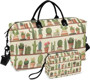 ALAZA Cactus on Bookshelf Travel Duffel Bag Gym Bag Sports Tote Bag Weekender Overnight Travel Bag for Women Men Business Trip Workout