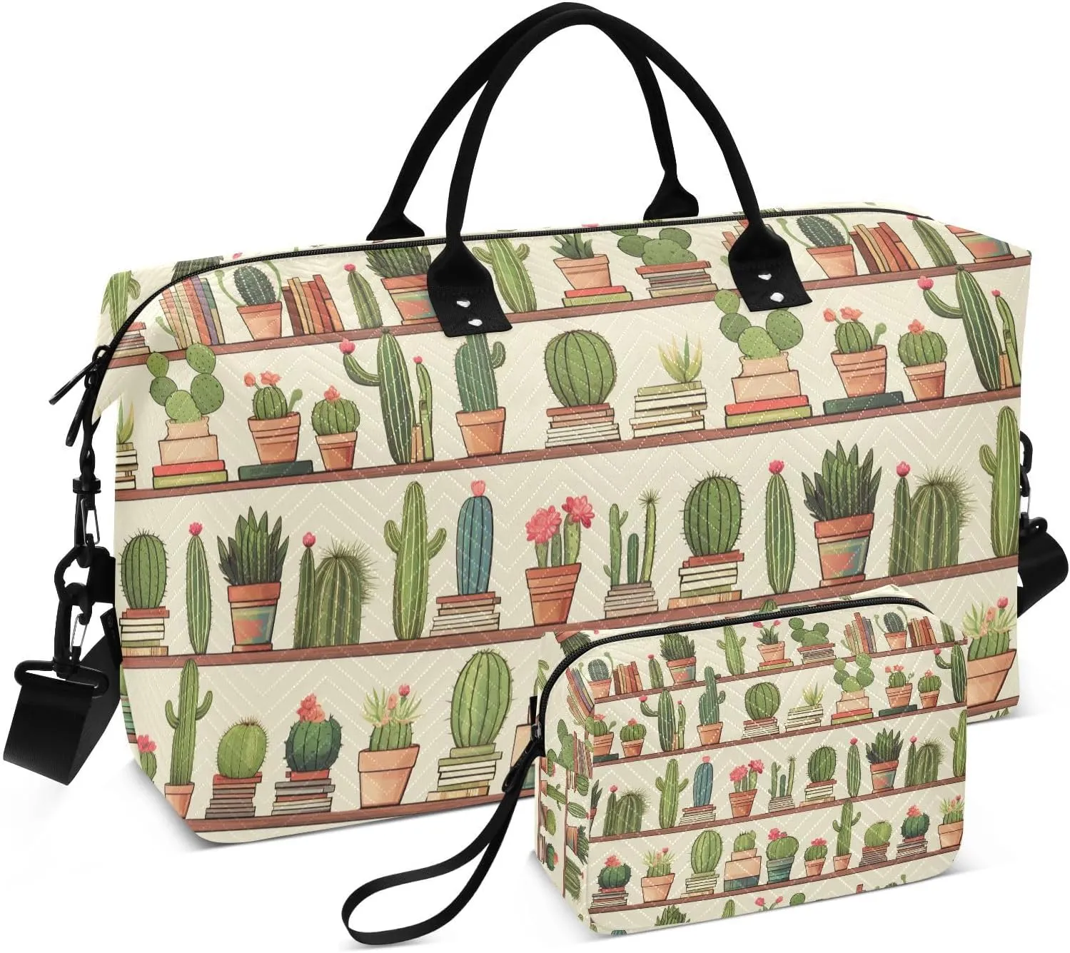 ALAZA Cactus on Bookshelf Travel Duffel Bag Gym Bag Sports Tote Bag Weekender Overnight Travel Bag for Women Men Business Trip Workout