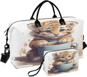 ALAZA Cute Tiger Drink Coffee Travel Duffel Bag Gym Bag Sports Tote Bag Weekender Overnight Travel Bag for Women Men Business Trip Workout