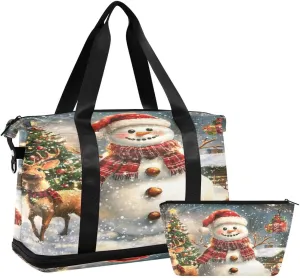 ALAZA Merry Christmas Deer Snowman Tree Landscape Duffel Bag with Shoe Compartment Tote Bag Weekender Overnight Bag with Wet Pocket for Travel,Gym,Yoga,Swimming