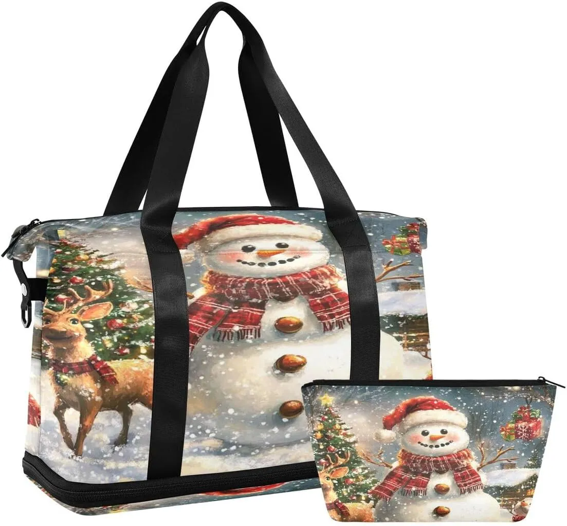 ALAZA Merry Christmas Deer Snowman Tree Landscape Duffel Bag with Shoe Compartment Tote Bag Weekender Overnight Bag with Wet Pocket for Travel,Gym,Yoga,Swimming