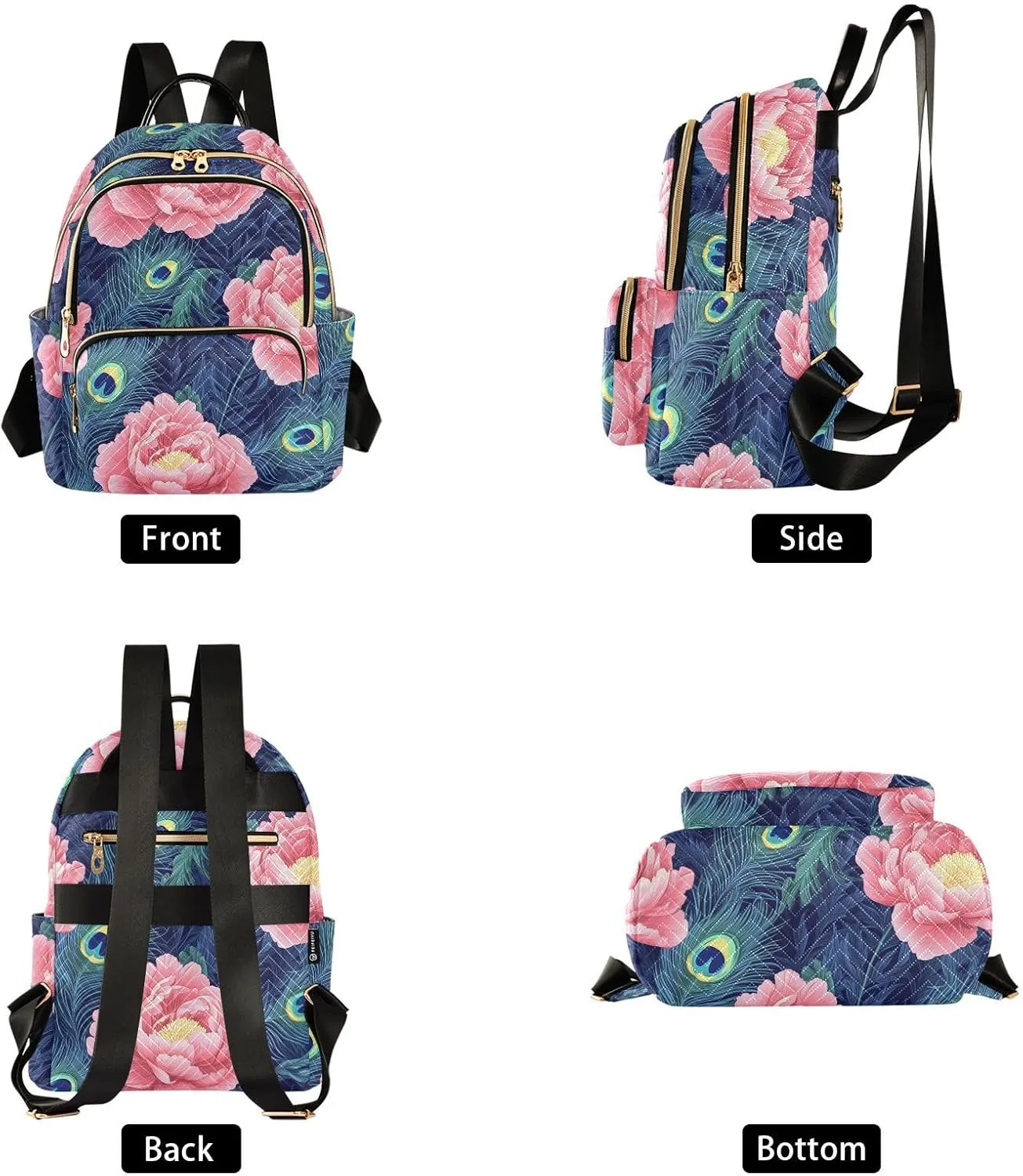 ALAZA Peacock Feather Peony Flowers Women’s Backpack Purse Causal Daypack Work Travel College Business Trip Bag Shoulder Bag
