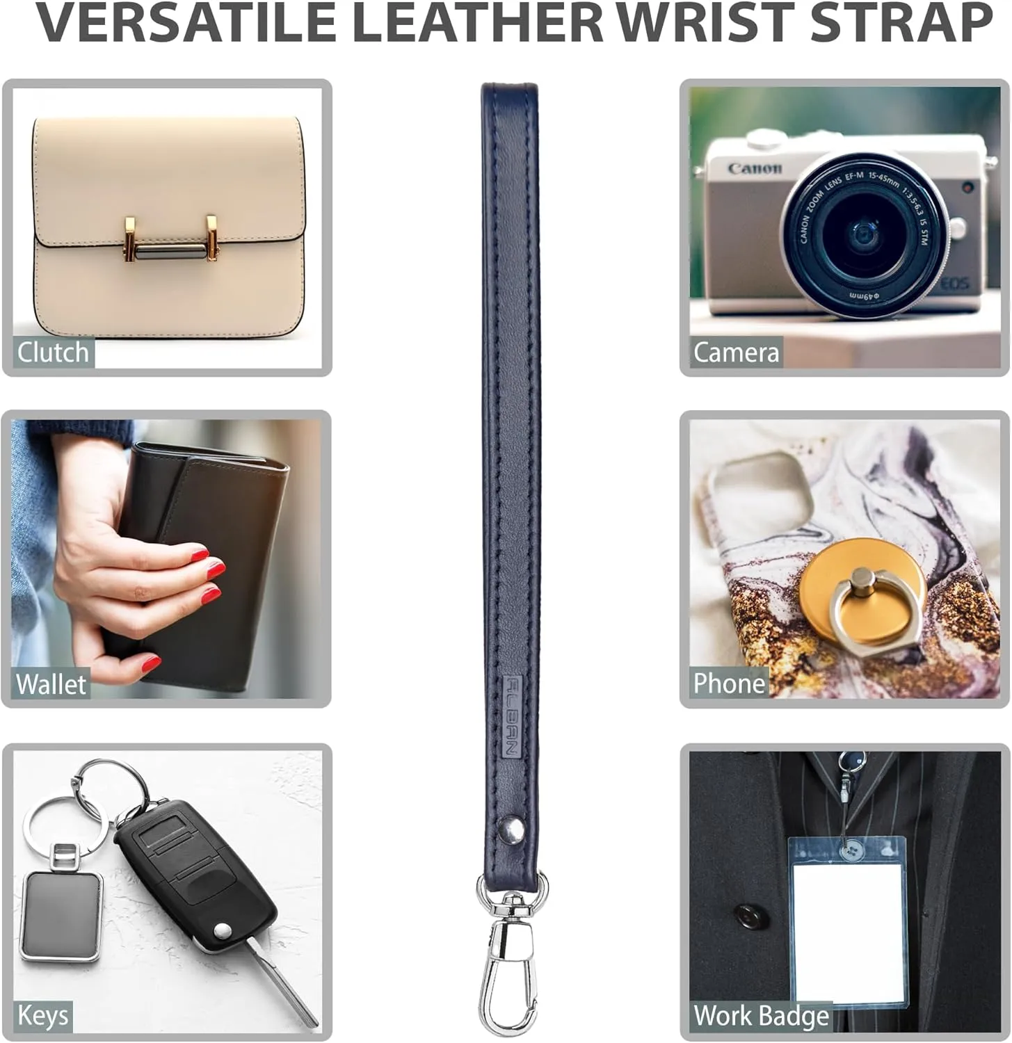 Alban Leather Wrist Strap for Wallet, Clutch, Keys, Wristlet Purse, Keychain for Women and Men