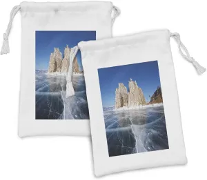 Ambesonne Winter Fabric Pouch Set of 2, Frozen Lake Baikal in Siberia Icicles Scenic Nature Structure Cold Climate, Small Drawstring Bag for Toiletries Masks and Favors, 9" x 6", Blue Caramel White