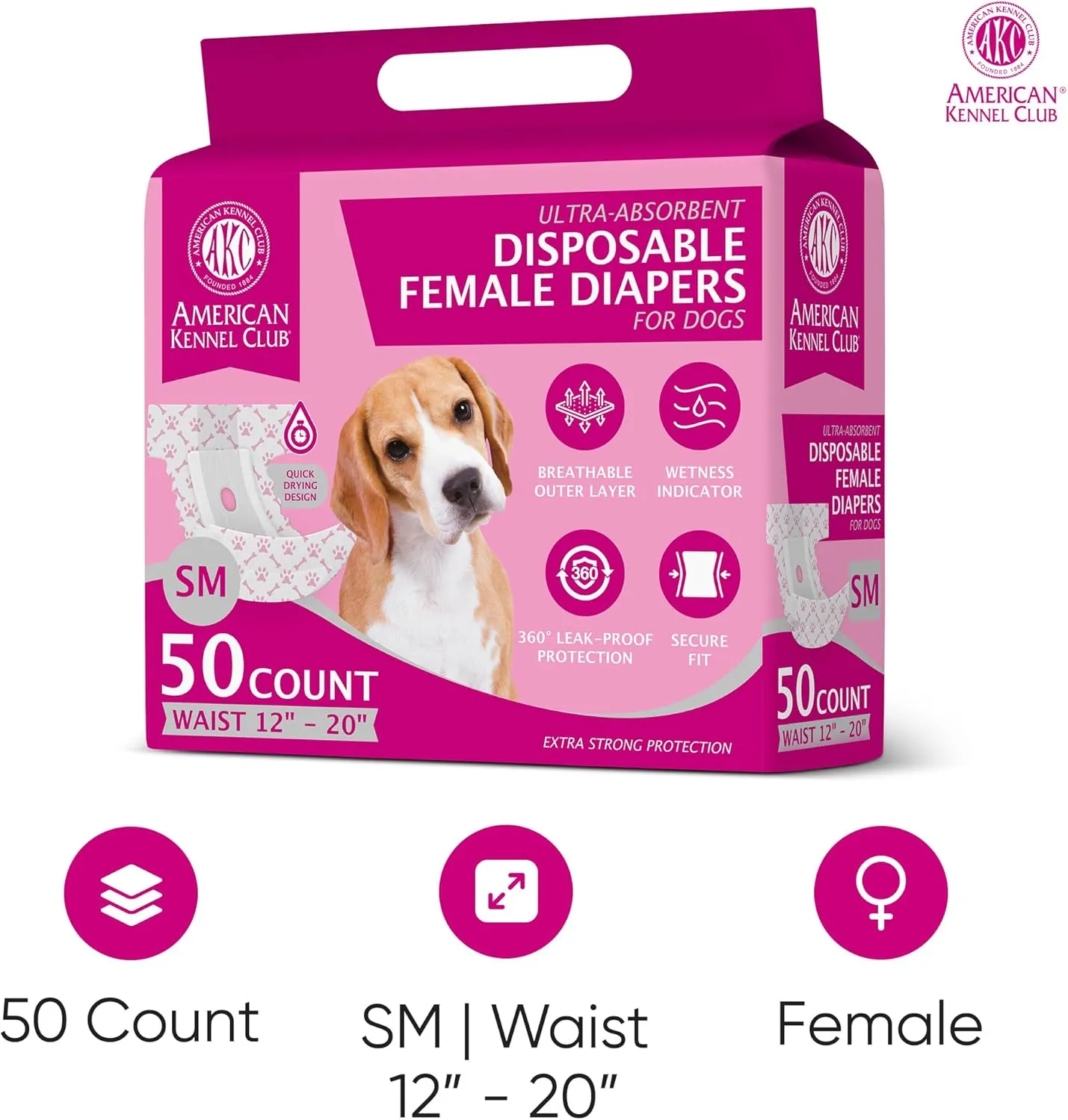 American Kennel Club Female Dog Wrap, Disposable Diapers with Wetness Indicator, Small, 50 Count