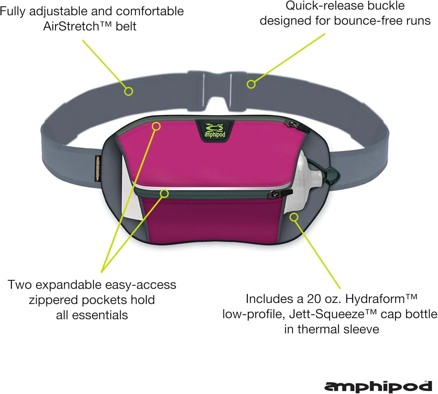 Amphipod Velocity Plus Bottle Pack, Storage & Hydration Belt, 5K/10K, Endurance & Ultra Running, Men & Women (20 oz.) - Raspberry - ADJ