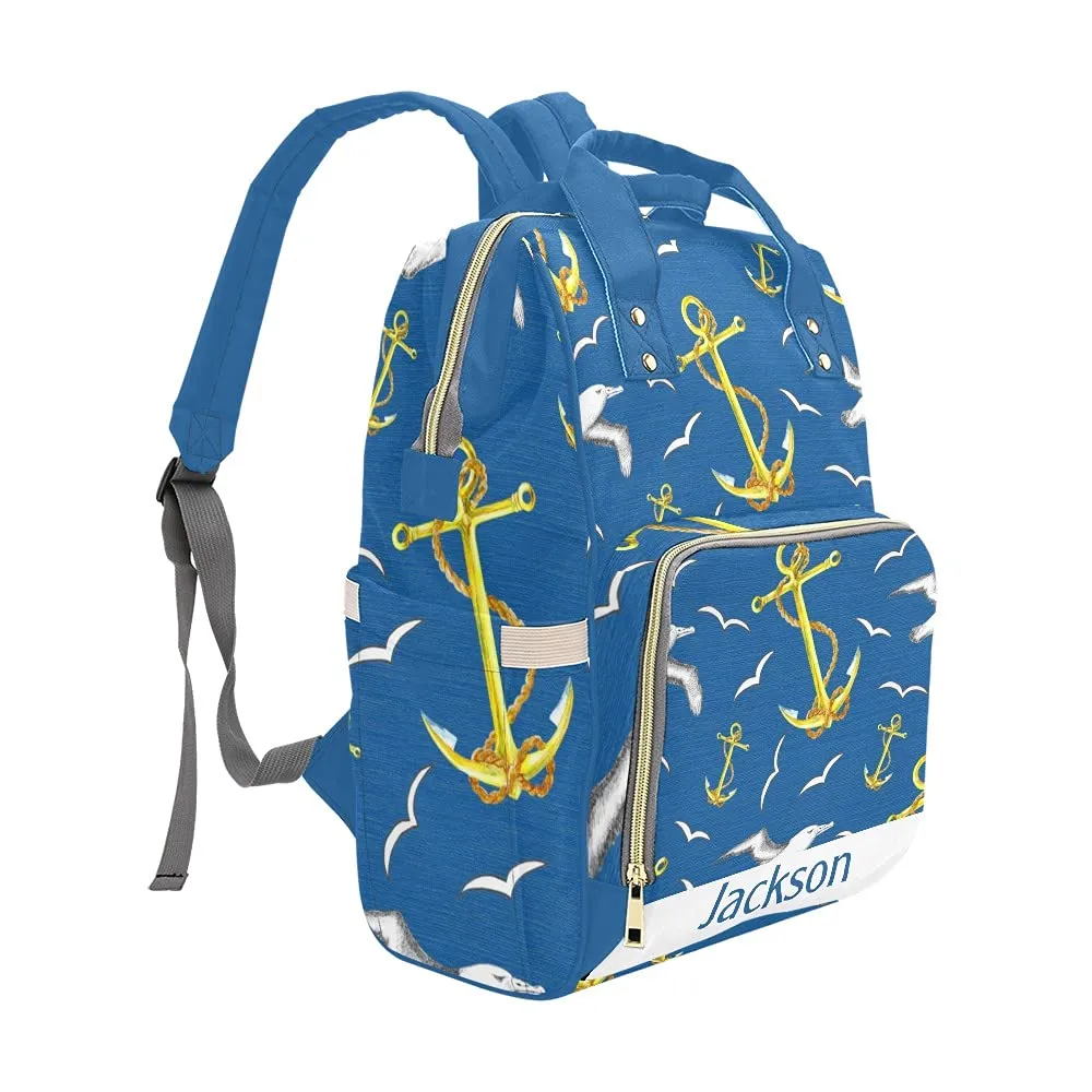 Anchor and Flying Gulls Personalized Diaper Bag Backpack Tote with Name,Custom Travel Nappy Mommy Bag Backpack