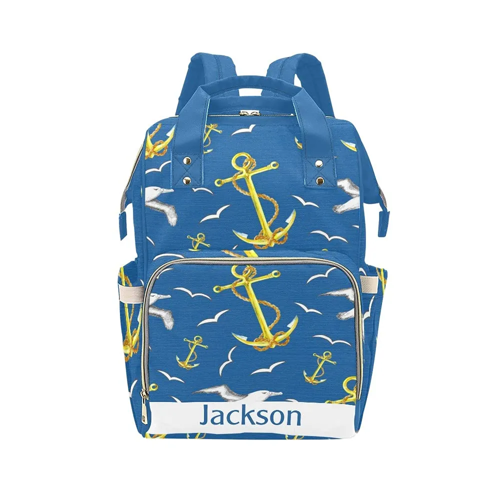 Anchor and Flying Gulls Personalized Diaper Bag Backpack Tote with Name,Custom Travel Nappy Mommy Bag Backpack