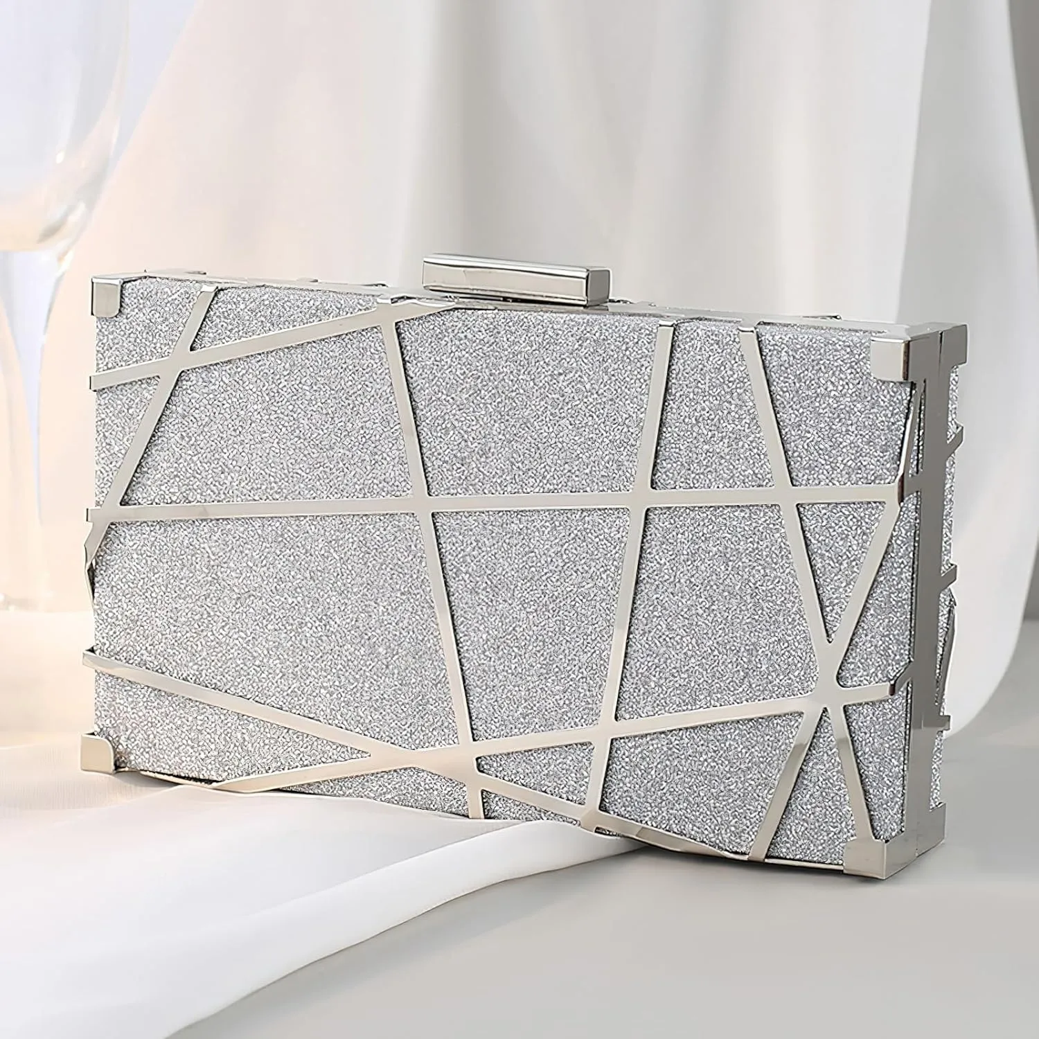 ANUFER Women's Sparkly Sequins Evening Clutch Bag Geometric Party Purse Bag with Two Chains