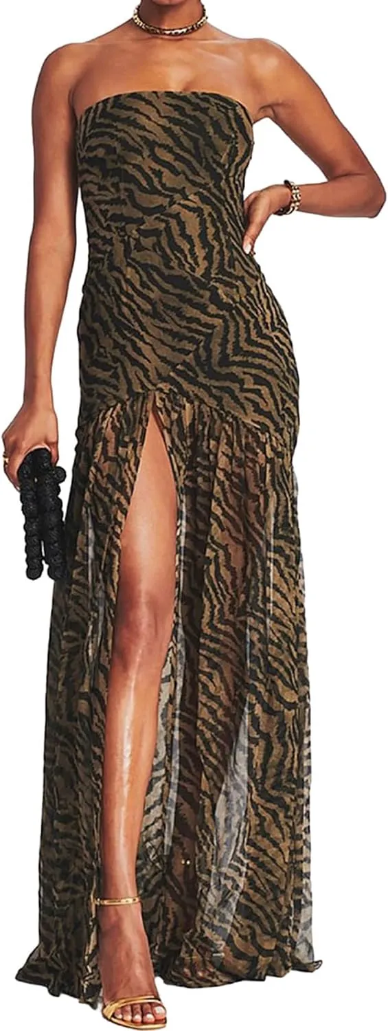Aonoapll Women Tube Top Maxi Dress Fitted Strapless Mesh Patchwork Long Dress Printed High Slit Night Dresses Clubwear