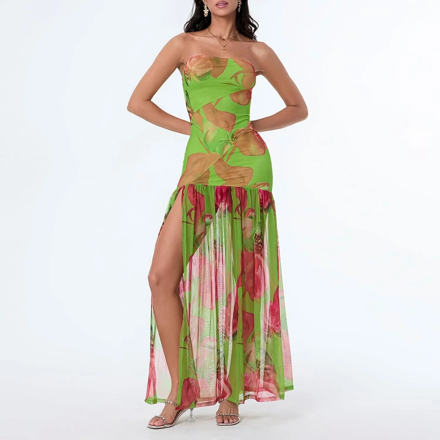 Aonoapll Women Tube Top Maxi Dress Fitted Strapless Mesh Patchwork Long Dress Printed High Slit Night Dresses Clubwear